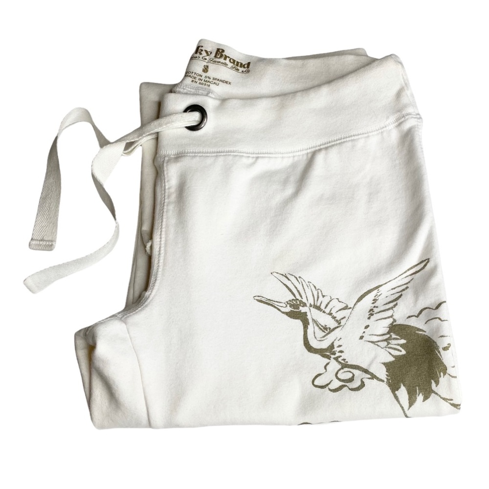 HTF: Lucky ☘︎︎ Asian Crane Tattoo Watercolor Floral Cropped Sweatpants ☘︎︎ White - Picture 3 of 15
